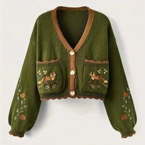 Button Up Fox Nature Army Green Cardigan With Pockets